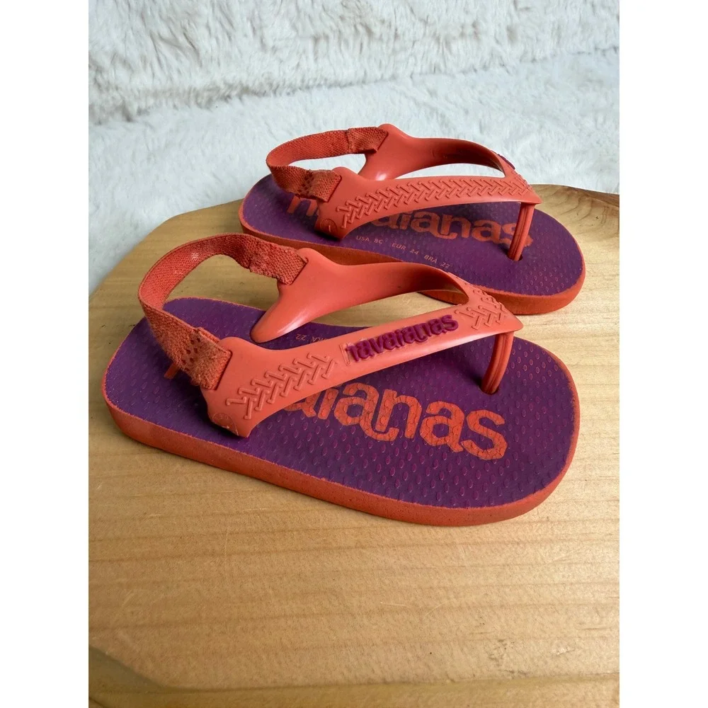 Havaianas Baby Brasil Logo Purple Coral Orange Backstrap Sandals Size 8C